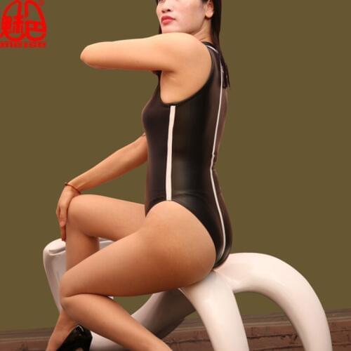 Women Faux Leather Latex Matte High Cut Bodysuit Stripe High Neck One Piece Swimwear Night Club Dance Wear Erotic Lingerie FX83