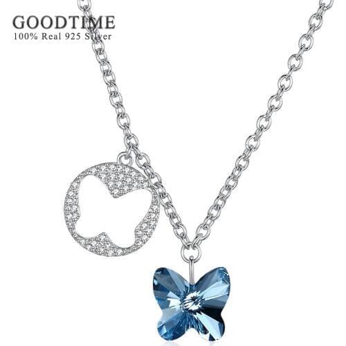 Authentic 925 Sterling Silver Butterfly Pendant Necklaces For Women Sparkling Blue & Pink Crystal Pendants & Necklaces Jewelry