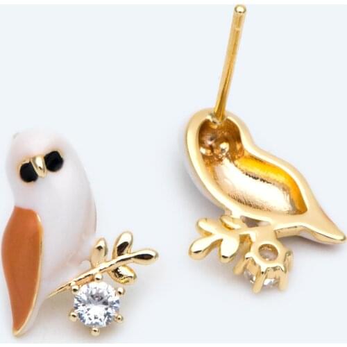 10pcs 2020 Trend Christmas Enamel Owl Stud Earrings,Bird Ear Post, Gold Plated Brass (#GB-1646)
