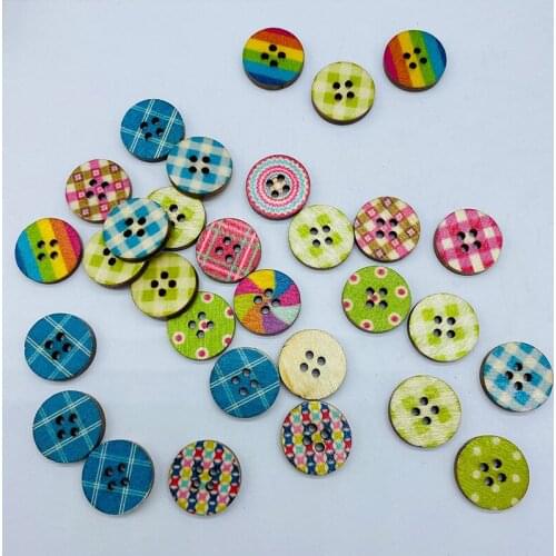 100pcs 20mm Wood Natural Mixed Dots And Ginghams Round 4 Holes Floral Buttons Sewing Fancy Embellishments Cardmaking Scrapbook