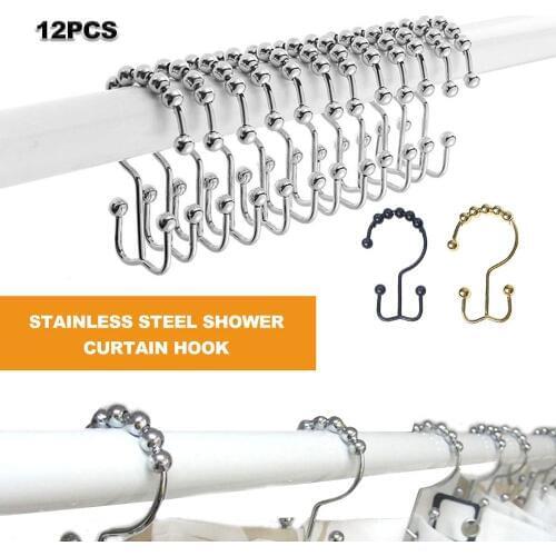 12pcs Rustproof Shower Curtain Rings, Stainless Steel Heavy Duty Roller Double Glide Shower Hooks for Bathroom Shower Rods