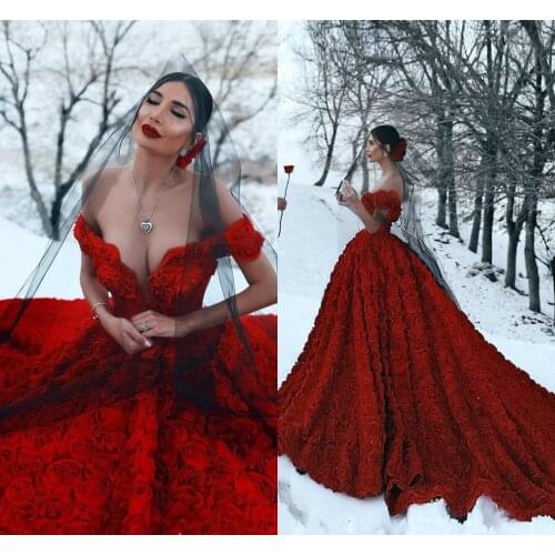 2020 Dark Red Wedding Dresses with Rose Flowers Cathedral Train Arabic Middle East Church Off Shoulder Backless Wedding Gowns