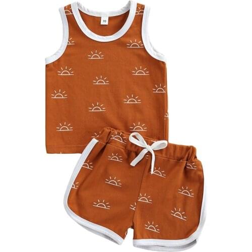 2021 0-4Y Summer Kids Baby Boy Girl Clothes Cartoon Sun Print Sleeveless Top Vest+Drawstring Loose Shorts Summer Sport Tracksuit
