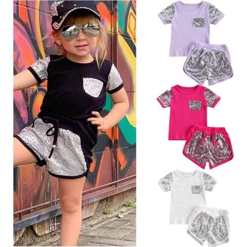 4 Colors Infant Kids Girls Clothes Sets Solid Sequined Pocket Short Sleeve T Shirts Tops Shorts 2pcs 0-4Y