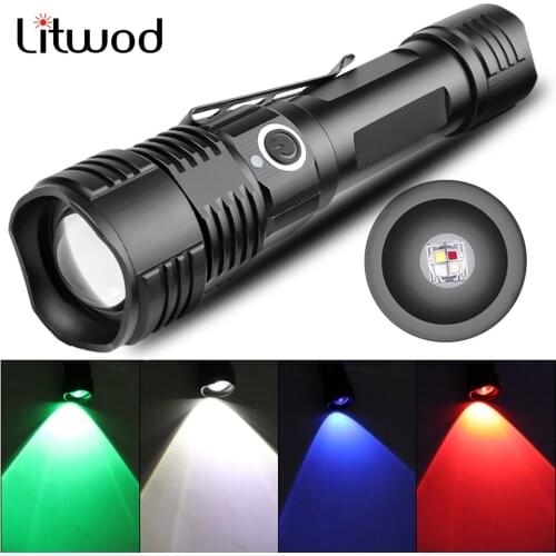 4 Colors in One Multi-functional Tactical Hunting LED Flashlight Power by 18650 / AAA Battery USB Rechargeable Torch Bulbs 10W