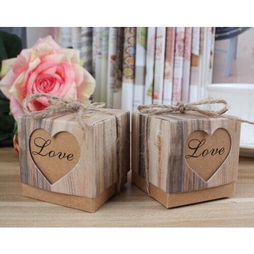 50pcs Heart Candy Box Vintage Wedding Gifts For Guests Kraft Boxes With Rustic Burlap Twine Decoration Wedding Favors