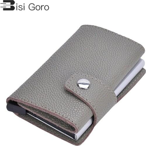BISI GORO RFID Mini Thin Pocket Women Card Wallet Metal Genuine Leather Wallet 2021 Card Case Money Bag Mini Smart Card Holder