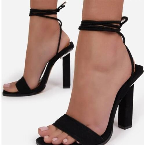 11cm Heeled Blue Heels Sexy Strappy Ankle High Heel Sandals Women 2021 Square Toe Gladiator Sandals Black Shoes Femmes Sandales