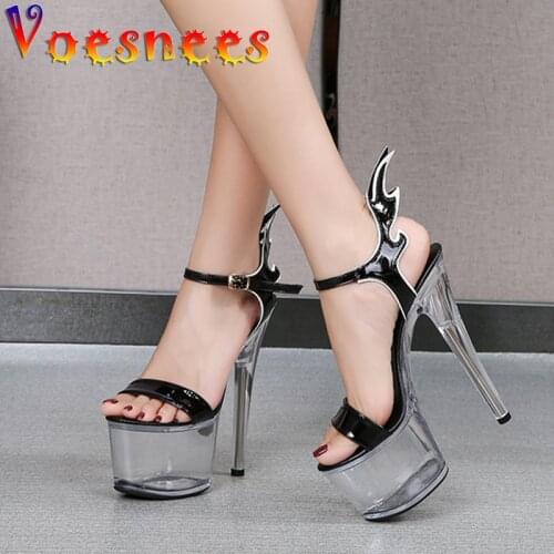Women Sandals 2021 New Sexy High Heels Summer Transparent Crystal Platform Model Sandals Flame Modeling Stripper Heels Shoes