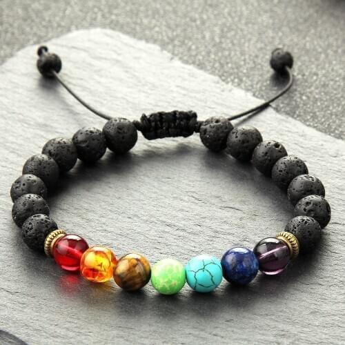 8mm Black Lava Stone Energy Bracelet Seven Chakra Beads Natural Stone Beads Beaded Bracelet Yoga Braided Bracelet Unisex