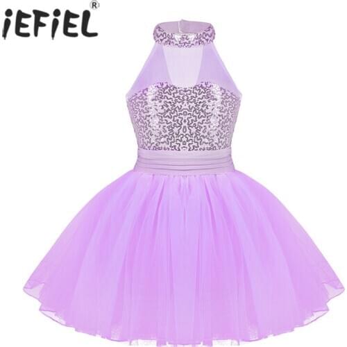 Girls Sequins Mesh Spliced Fancy Tutu Dress Kids Ballet Dance Gymnastics Figure Skating Leotard Teens Sleeveless Dancing Outfit