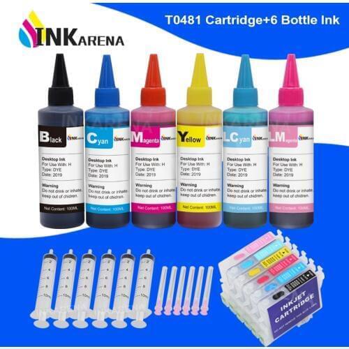 INKARENA Ink Bottle 6×100ml + T0481 - T0486 Refill Printer Ink Cartridge For Epson Stylus Photo R200 R220 R300 R300M R320 R340