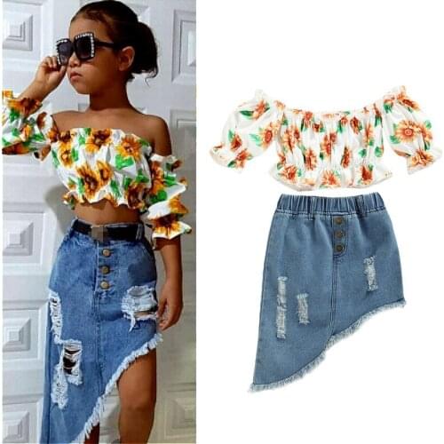 1-6Y Kids Baby Girls Clothes Set 2021 Summer Children Off Shoulder Short Sleeve Floral Crop Tops + Ripped Denim Irregular Skirts
