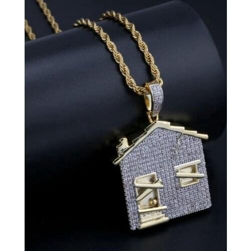 House Pendant Necklace Men Ice Crystal Cubic Zirconia Chain Copper Material Hip Hop Jewelry