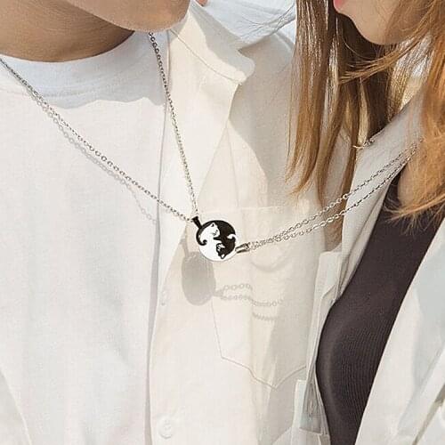 2pcs Trendy Black White Cats Pendant Paired Necklace Stainless Steel Fashion Jewelry For Couple Lovers Best Friends Women Men