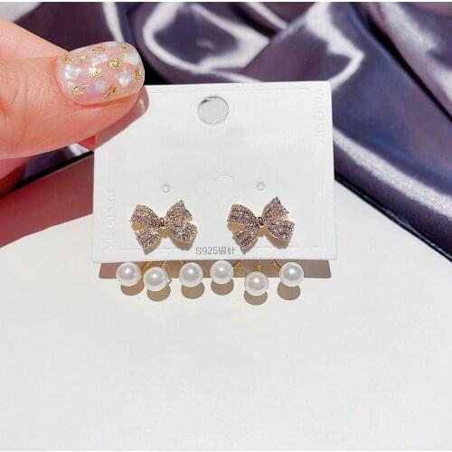 MIGGA Trendy Cubic Zirconia Bowknot Stud Earrings with Imitation Pearl Back Gold Color Women Jewelry