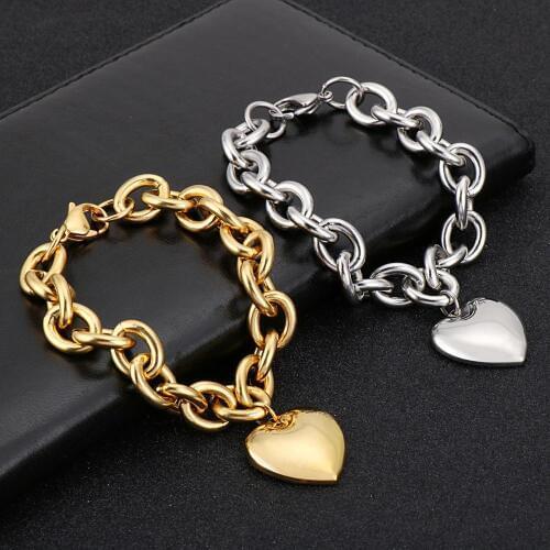 11mm Men Womens O Chain Love Heart Sports and Leisure Chain Charm Bracelet Gold S Width