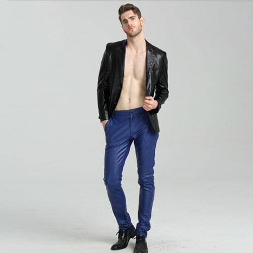 Mens Blue PU Leather Motorcycle Pants Boys Pencil Pants Faux Leather Pants Plus Size Sexy Waterproof Trousers Male Streetwear