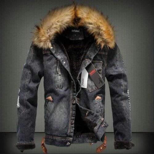 Men Winter Jean Jackets Outerwear Warm Luxury Fur Collar Denim Coats New Men Large Size Wool Liner Thicker Denim Jackets 6XL