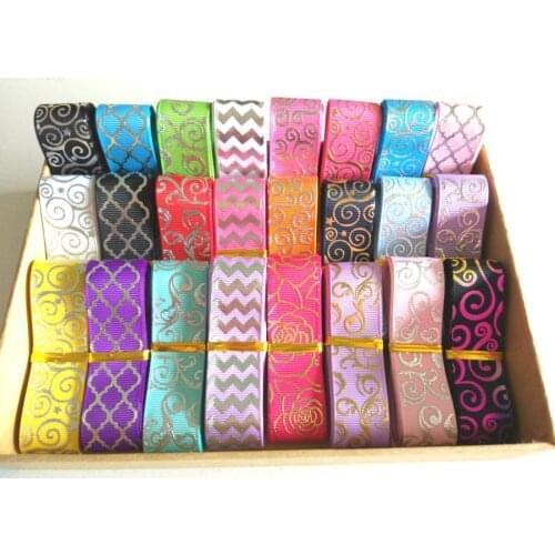 Random set 7/8" 22mm SILVER & GOLD wave flowers printed grosgrain foil ribbon, 5y/lot(1y/style),10y/lot(1y/style)