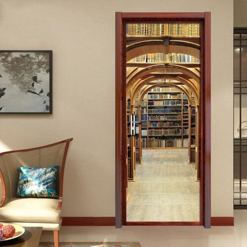 Retro Bookcase Mural Wallpaper PVC Waterproof Door Stickers Bedroom Living Room Door Poster Photo Wall Paper Papel De Parede 3D