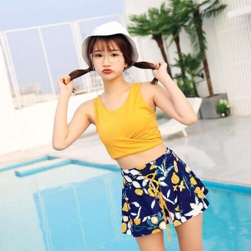 2020 New Korean Swimwear Womens Two Piece Sense of Thinness Small Breasts Gathered Split Skirt Student Hot Spring Swimwear