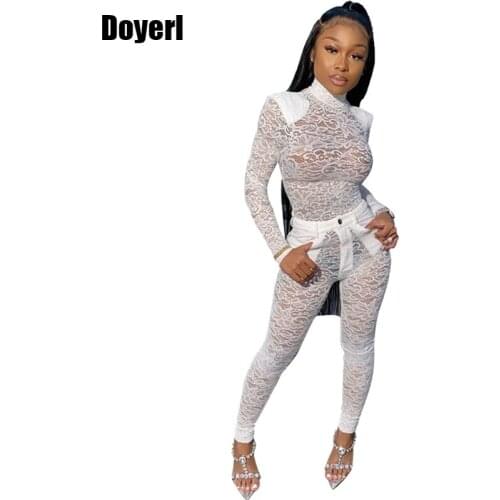 Bodycon Sexy 2 Piece Set Women Party Club Outfits Sheer Mesh Floral Lace Two Piece Set Top and Pants Set Women Matching Sets