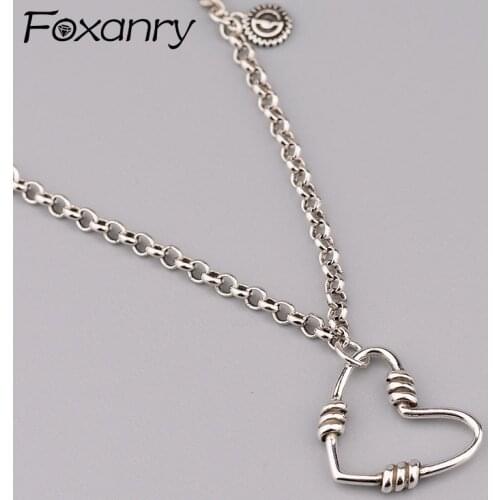 Foxanry 925 Sterling Silver Clavicle Chain Necklace for Women Trend Vintage Elegant Simple Hollow Love Heart Party Jewelry Gifts
