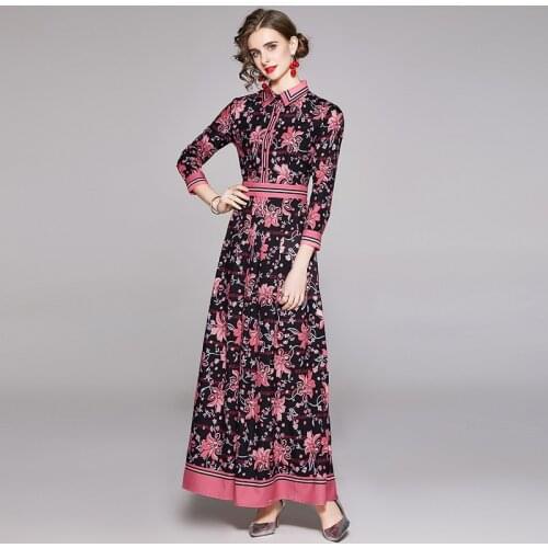 Flower Print Dresses for Women Party Ankle-Length Turn-down Collar Vestidos Largos De Verano Para Mujer 2021 Empire Woman Dress