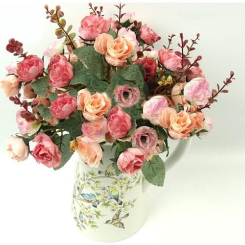 Artificial Rose Flower Bouquet 21 Heads Silk Pink Flowers Fake Leaf For Vase Home Wedding Decoration 32cm