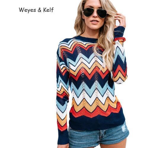 Weyes & Kelf Casual Color Striped Sweater Women 2020 Autumn Hollow Out Winter Sweater Women Sueter Mujer Pulover Feminino