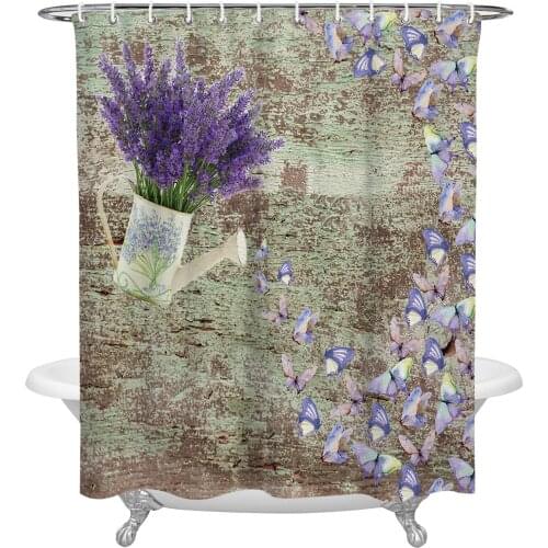 Watering Can Purple Flower Butterfly Bathroom Shower Curtain Polyester Fabric Waterproof Shower Curtains with Hooks