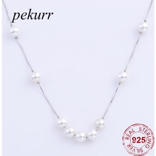 Pekurr 925 Sterling Silver 9 Pieces 14mm Round White Pearl Women Necklace Box Chain Pendant Fine Jewelry Gift
