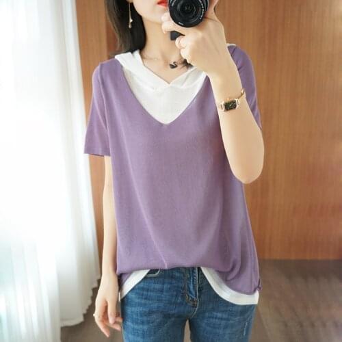 2021 summer new ladies T-shirt casual stitching plus size pullover top with hood collar V-neck tees womens sweater short sleeve