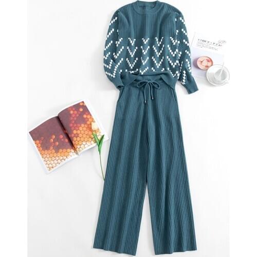 BYGOUBY Knitting Women Sweater Pantsuit For Women Two Piece Set Knitted Pullover Turtleneck Warm Embroidery Top Wide Leg Pants