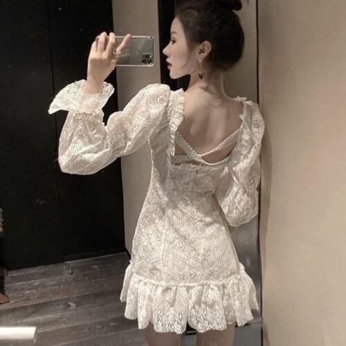 2020 Fashion Chic Women Sexy Backless Lace Dress Long Sleeve Cross Back Sexy V Neck Retro Fairy Dress Ruffled Hem Mini Vestidos