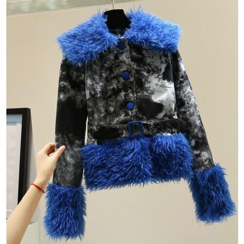 Retro Ink Painting Long Sleeve Coat Women 2020 Autumn Winter Slim Fit Sashes Waist Sailor Collar Lamb Wool Cotton-Padded Jacket