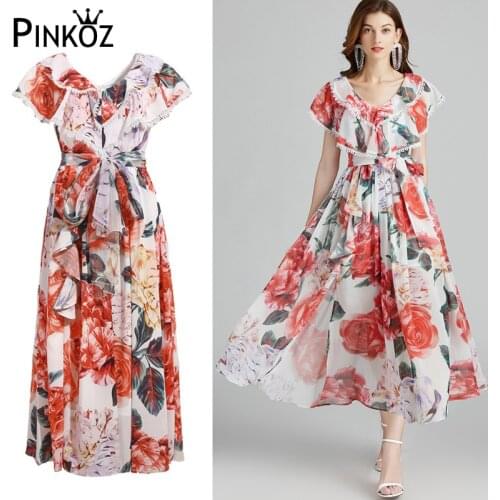 Pinkoz summer midi dress with floral pattern red floral hit color patchwork lace ruffles lady party fashion dresses chic vestido