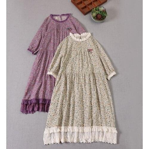 New Summer Women Floral Print Dress Japan Style Mori Girl Loose Big Size Lace Collar Short Sleeve Women