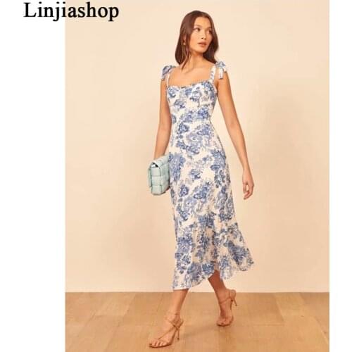 Vintage Adjust Spaghetti Strap Split Dresses Elegant Stripe Floral Print Lining Zipper Vestidos Retro Sleeveless Women Dress