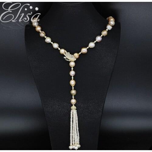 100% Handmade Baroque Pearl Long Necklace Mixcolor Keshi Pearl Sweater Necklace With Tassel &Butterfly Clasp Lady Gifts