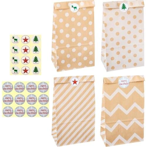 12sets Vintage Kraft Paper Bags Creative Dot Stripe Zigzag Christmas Gift Bags with Stickers Xmas Party Decor Candy Treat Bag