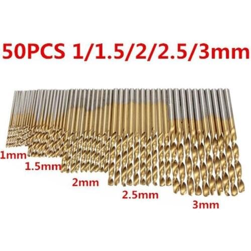 50pcs 1/1.5/2/2.5/3mm Titanium Coated Twist Drill Bits HSS High Speed Steel Straight Shank Drill Bits Set For Woodworking 1-3mm