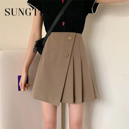 Sungtin Asymmetry Pleated Skirt Women Solid Plus Size A LINE Mini Skirt Korean Style Summer High Waist Black Casual Short Skirt