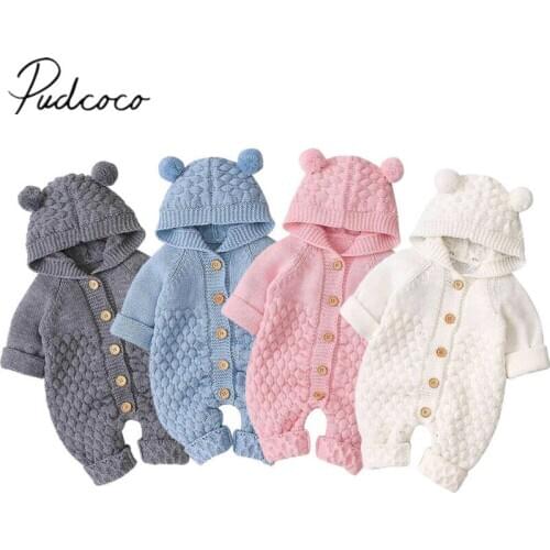 2020 Baby Spring Autumn Clothing Newborn Baby Boys Girls Bear Knit Romper Balls Ears Hooded Wool Sweater Jumpsuit Solid Outfit