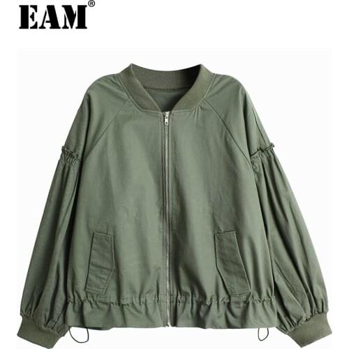 [EAM] Loose Fit Green Big Size Jacket New Stand Collar Long Lantern Sleeve Women Coat Fashion Tide Spring Autumn 2021 1DE2103