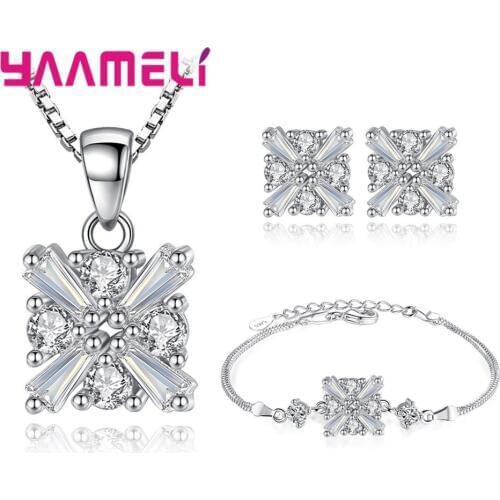 Facotry Outlets Elegant Luxury Ice Flower Jewelry Sets New Fashion 925 Sterling Silver AAA Zircon Necklace/Earrings/Bracelet