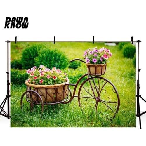DAWNKNOW Flower Green Grass Photography Background Bike Photocall Wedding Photo Studio Children Photographic Backdrop lv1716