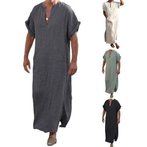 Oversized 5XL Mens Jubba Thobe Men Ethnic Robe with Pocket Cotton Male Short Roll-up Sleeve Solid Color V-neck Kaftan Robe