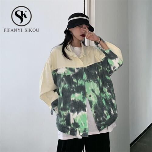 Harajuku Denim Jacket Women Fashion Patchwork Long sleeve Jeans Coat Female Streetwear Loose Vintage Jeans Jacket 2020 Spring